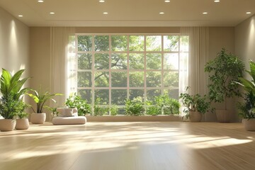 Fototapeta premium Spacious and Neutral Toned Virtual Room with Wide Windows and Green Plants in a Serene and Bright Atmosphere