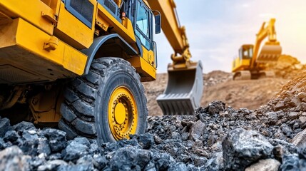 Obraz premium A close-up of advanced construction equipment drilling into rocky terrain