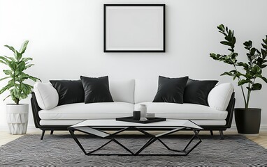 Modern minimalist living room, white sofa, plants, coffee table, interior design, home decor.