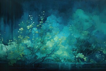 Obraz premium A vibrant display of deep sea greens and blues intertwines with delicate blossoms captured in an abstract art piece, evoking tranquility and mystery in a serene environment