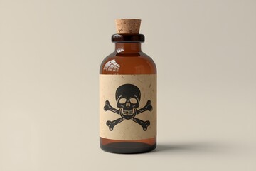 Brown glass bottle with cork stopper and poison label featuring skull and crossbones symbol, isolated on white background.