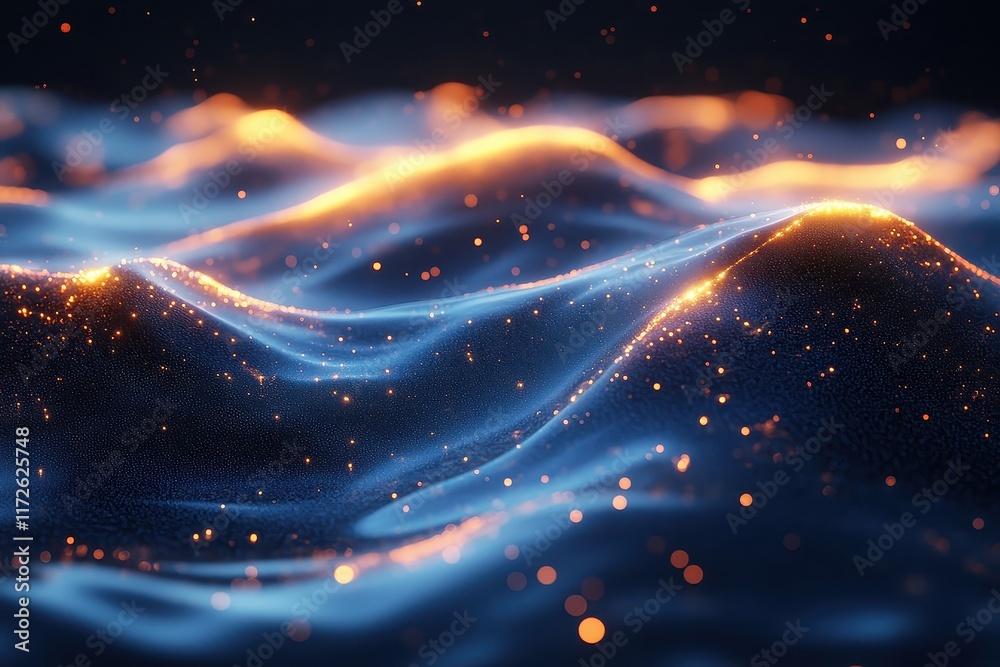 Poster colorful abstract waves with glowing particles in a dark setting create a mesmerizing visual effect