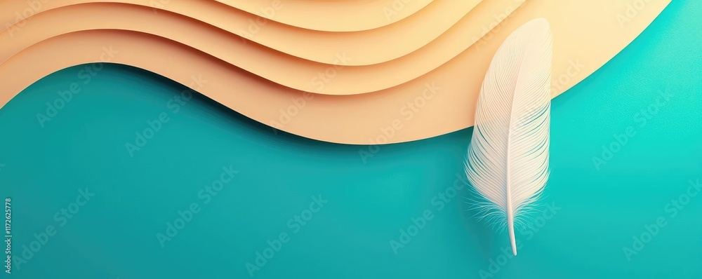 Poster Feather abstract background concept. Minimalist abstract design featuring soft waves and a delicate feather on a teal background.