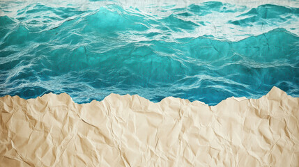 Crumpled paper art depicting serene ocean wave and sandy beach, creating tranquil and imaginative scene. Perfect for conveying calmness and creativity