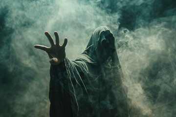 Scary grim reaper with sharp scythe in hell with dark dramatic color, abstract vivid composition consists of fictional unreal fantastic vision on background