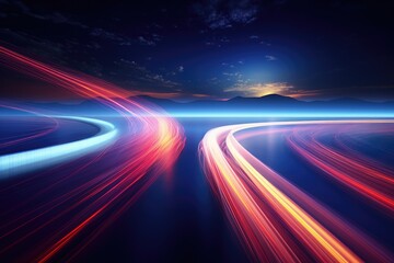 Flowing light trails create a dynamic representation of speed and movement near mountains at dusk, showcasing vibrant colors across the horizon in a stunning display of nature and technology