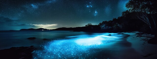 An enchanting view of a bioluminescent bay shimmering under the stars on a secluded island in the Caribbean, Caribbean bioluminescent bay scene, Ethereal style