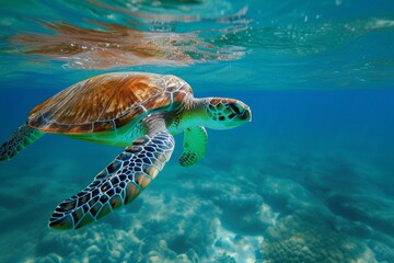Obraz premium A green sea turtle swimming gracefully in the clear Caribbean waters among vibrant coral reefs on a sunny afternoon near the shore