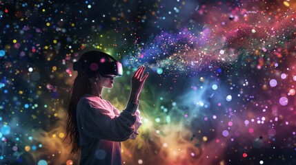Woman Wearing VR Headset with Colorful Nebula Background and Light Particles