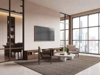 Contemporary living room with modern furniture and large windows overlooking cityscape. 3D Rendering