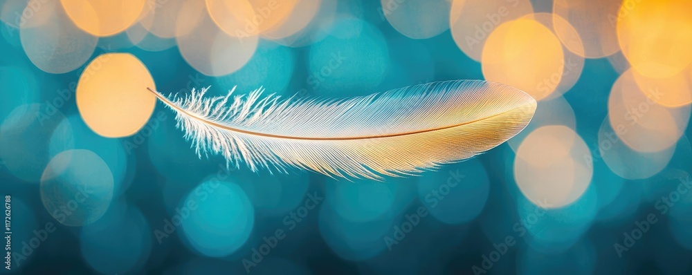Poster Feather abstract background concept. A delicate feather floats gracefully against a vibrant bokeh background.