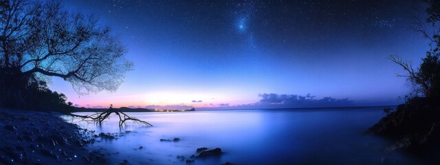 An enchanting view of a bioluminescent bay shimmering under the stars on a secluded island in the Caribbean, Caribbean bioluminescent bay scene, Ethereal style