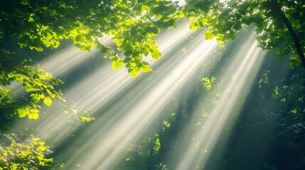 5. Sunlit forest scene with layers of greenery and soft glowing light beams