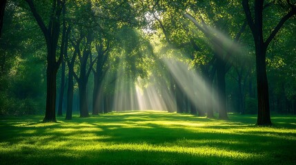 Fototapeta premium 1. Sunlight streaming through dense green tree leaves in a serene forest
