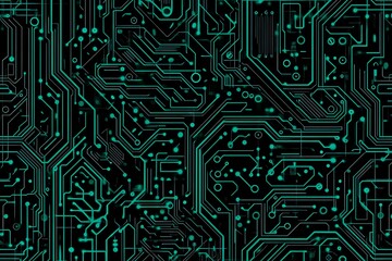 Abstract close-up of a glowing blue digital circuit board, showcasing intricate connections and technological design on a black background.
