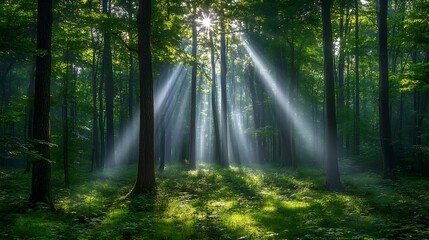 Obraz premium 1. Sunlight streaming through dense green tree leaves in a serene forest