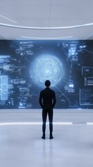 Person observes futuristic data screen display.