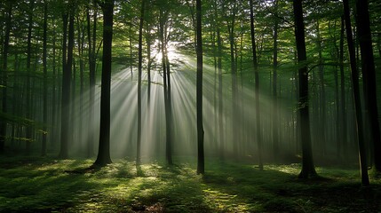 Obraz premium 20. Enchanting forest with light beams penetrating through a canopy of green leaves
