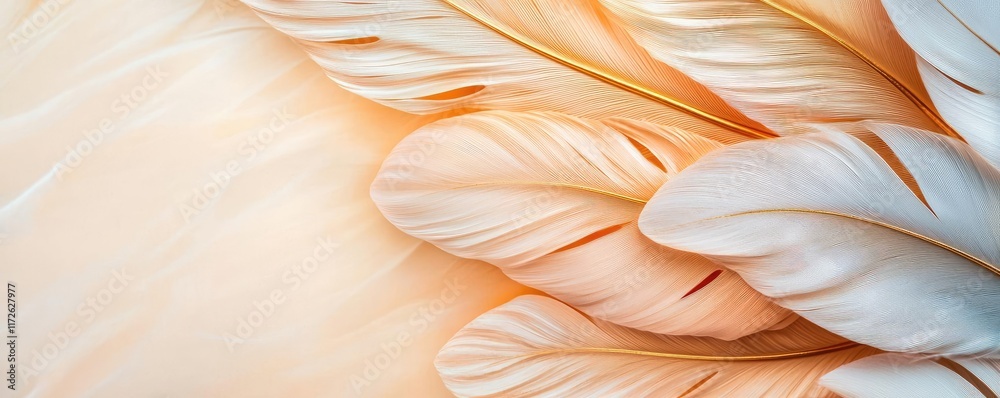 Aufkleber Feather abstract background concept. Close-up of delicate feathers in soft hues of white and peach, creating an elegant texture.