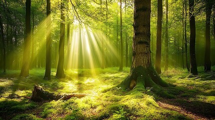 Fototapeta premium 17. Soft light rays piercing through dense tree leaves in an idyllic woodland setting