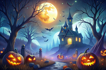 Fototapeta premium Halloween night scene with spooky castle, pumpkins, bats, and full moon.