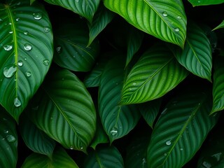 Dark green tropical leaf with rain water drop on textured background, abstract nature pattern, texture, water drop