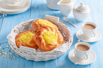 Fresh cheese yeast bun with cheese and vanilla..
