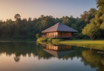 Obraz premium A quaint house rests peacefully on a small island in the middle of a serene lake