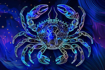 Astrological abstract composition with concept of Cancer zodiac sign symbol, abstract vivid composition consists of fictional unreal fantastic vision on background