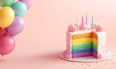 Vibrant birthday party card template featuring a cute rainbow cake with colorful layers, Generative AI 