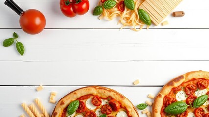 Delicious Italian food corner border with various pizzas and pastas spread out on a white wood banner background copy space, banner, background