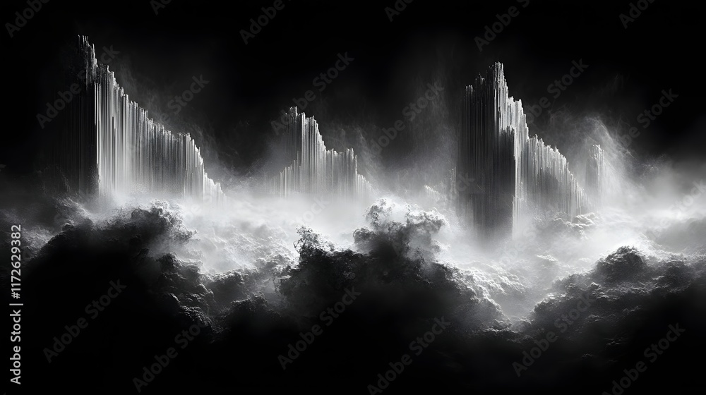 Aufkleber abstract black and white backgrounds. ethereal towers rise from a sea of clouds in a monochromatic d
