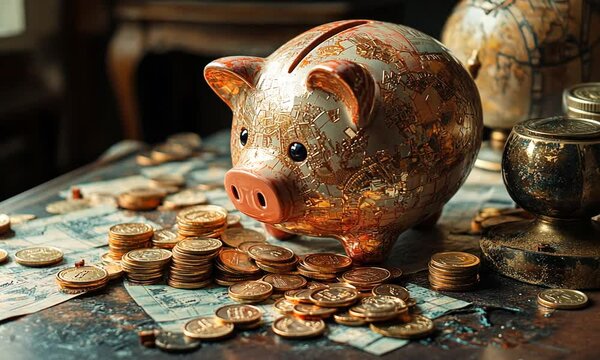 A decorative piggy bank surrounded by scattered coins on a textured surface.