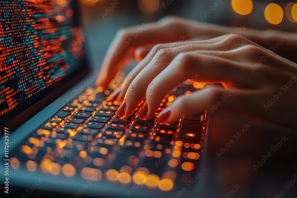Poster hands typing on a bright keyboard while programming in a dimly lit environment