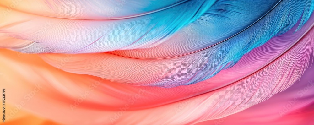 Poster Feather abstract background concept. Vibrant, colorful feather texture with flowing patterns in blue, pink, and orange hues.