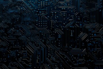 Abstract close-up of a glowing blue digital circuit board, showcasing intricate connections and technological design on a black background.

