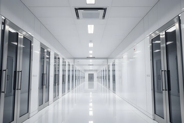 Obraz premium A long, white office corridor with stainless steel doors, glass walls, lighting on the ceiling. The interior of an industrial building or data center is minimalist in style.