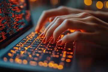 Hands typing on a bright keyboard while programming in a dimly lit environment