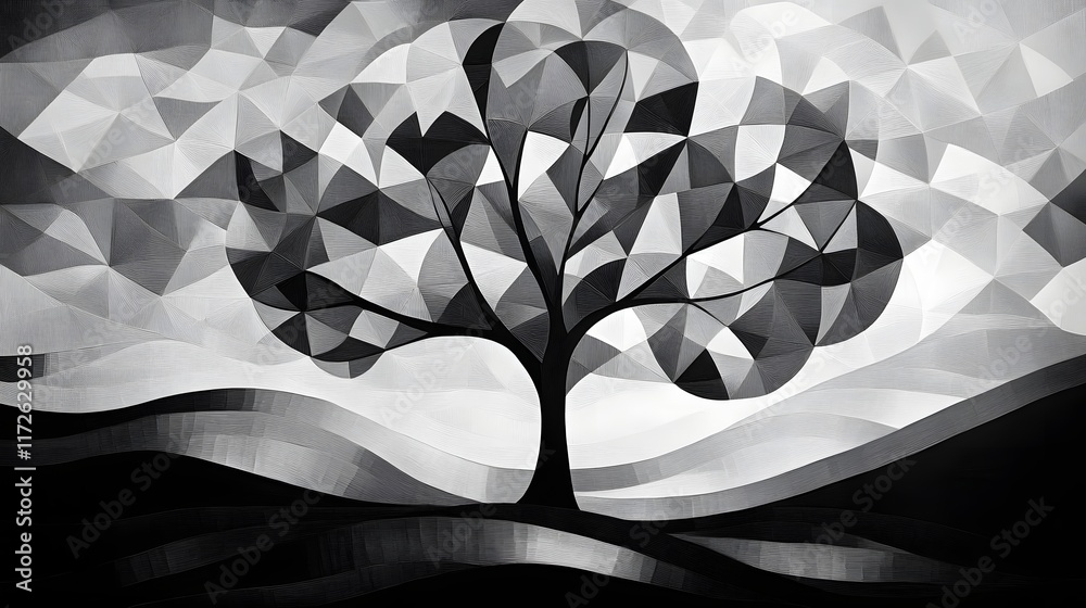 Poster abstract black and white backgrounds. abstract grayscale artwork featuring a geometric tree against 