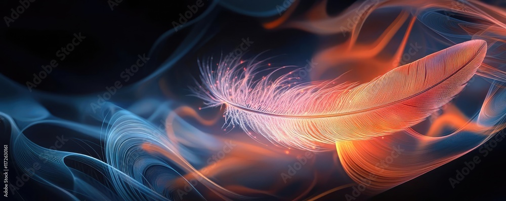 Poster feather abstract background concept. a colorful feather emerging from swirling flames and smoke, emb