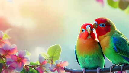 Colorful Parrots in Blossoming Nature