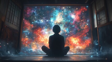 Person meditating, cosmic view, Japanese room, fantasy background; spiritual contemplation.