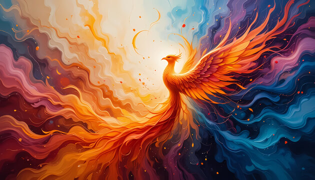 An abstract artwork depicting a beautiful phoenix reborn, symbolizing renewal and transformation,  vibrant colors, fiery reds, oranges, yellows, blues, purples, butterfly patterns, fluidity, dynamic 