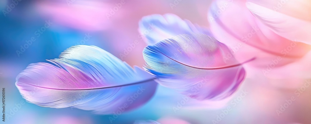 Poster Feather abstract background concept. Beautiful pastel feathers drifting gently in a colorful ethereal background.