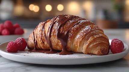 A delicious croissant drizzled with chocolate, served with fresh raspberries.