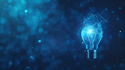 Digital Light Bulb with Network Mesh and Glowing Particles on Blue