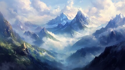 24. Morning mist flowing over a ridge of mountains, creating a soft and serene landscape