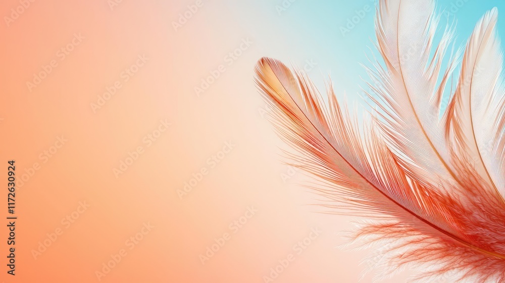 Poster feather abstract background concept. delicate feather with soft hues against a pastel gradient backg