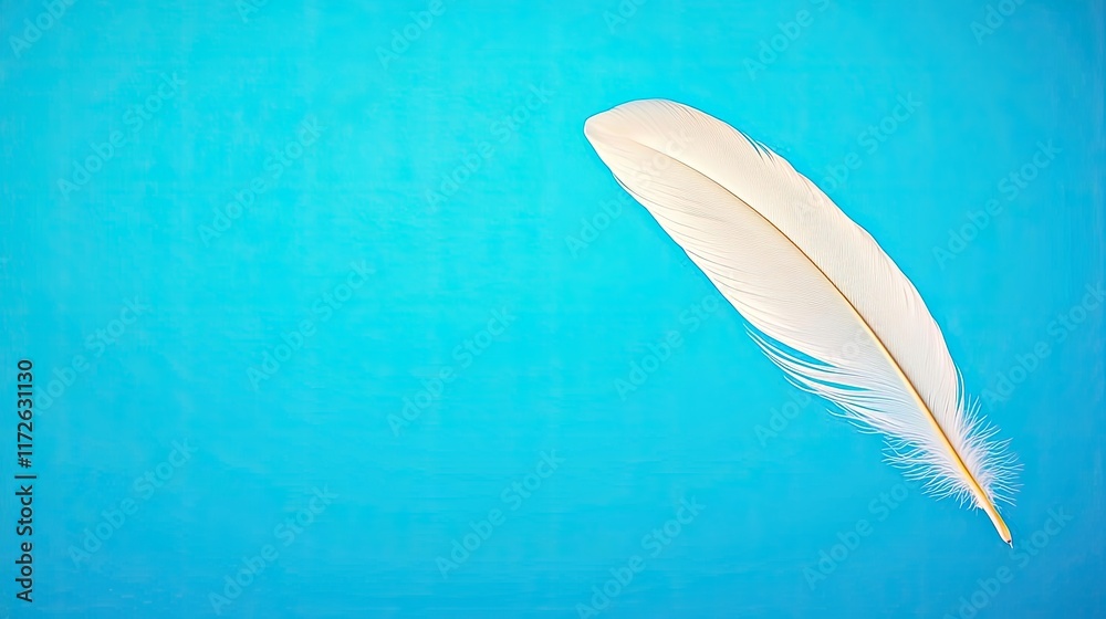 Poster feather abstract background concept. elegant white feather floating against a vibrant blue backgroun