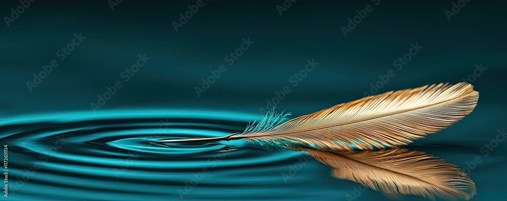 Aufkleber Feather abstract background concept. A golden feather floating on serene water, creating gentle ripples in a tranquil setting.